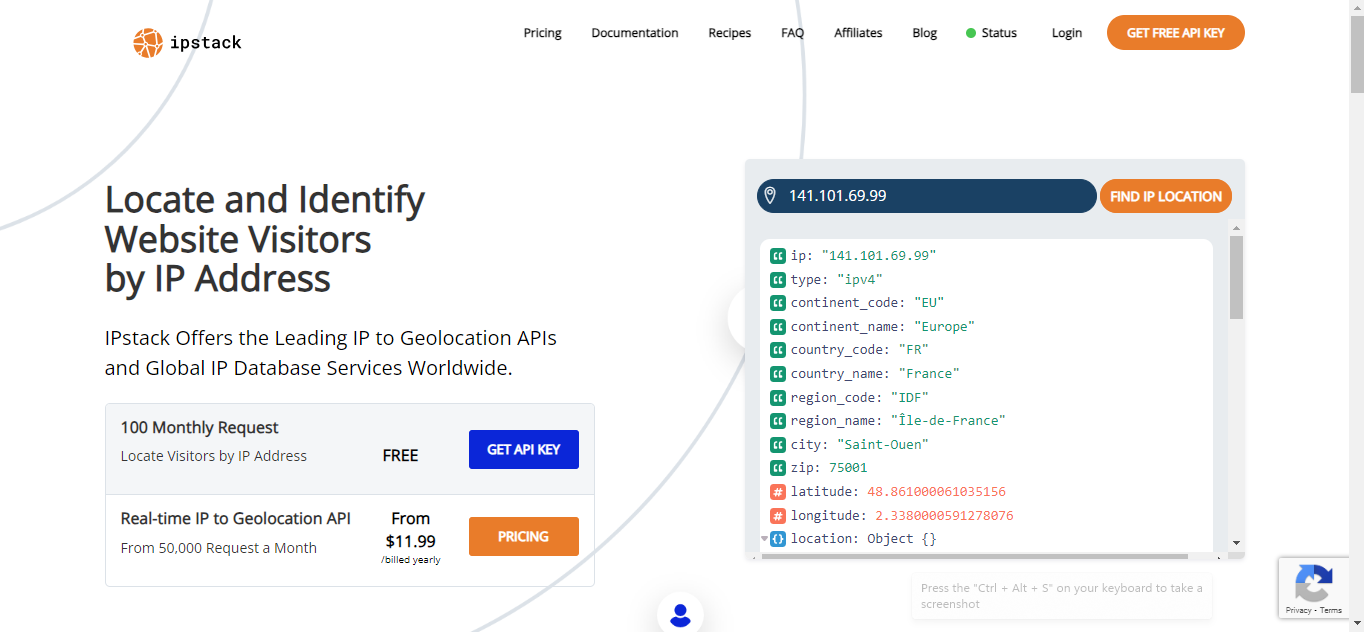 homepage of ipstack ip geolocation api to locate and identify visitors by ip address