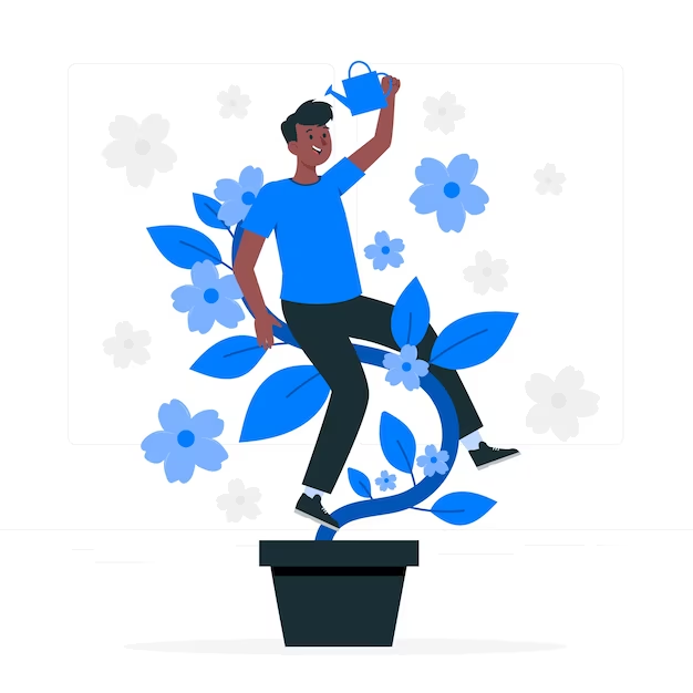 Illustration of a person watering themselves as a plant as a metaphor for personal growth