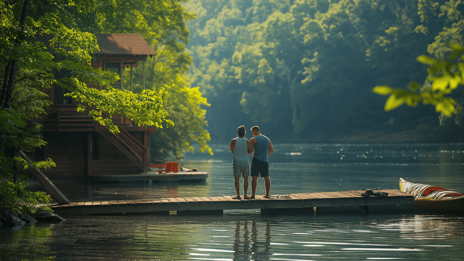 Two friends preparing for a kayak adventure from the dock of their Ozarks cottage rental