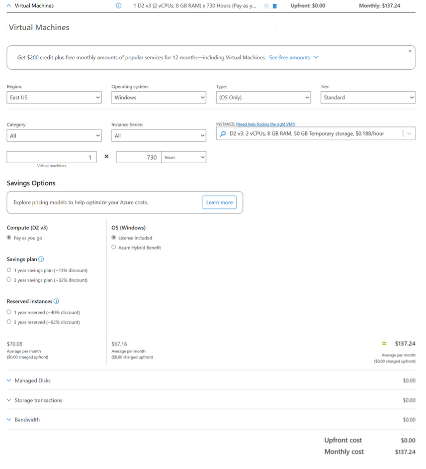 The virtual machine configuration in Microsoft Azure Pricing Calculator