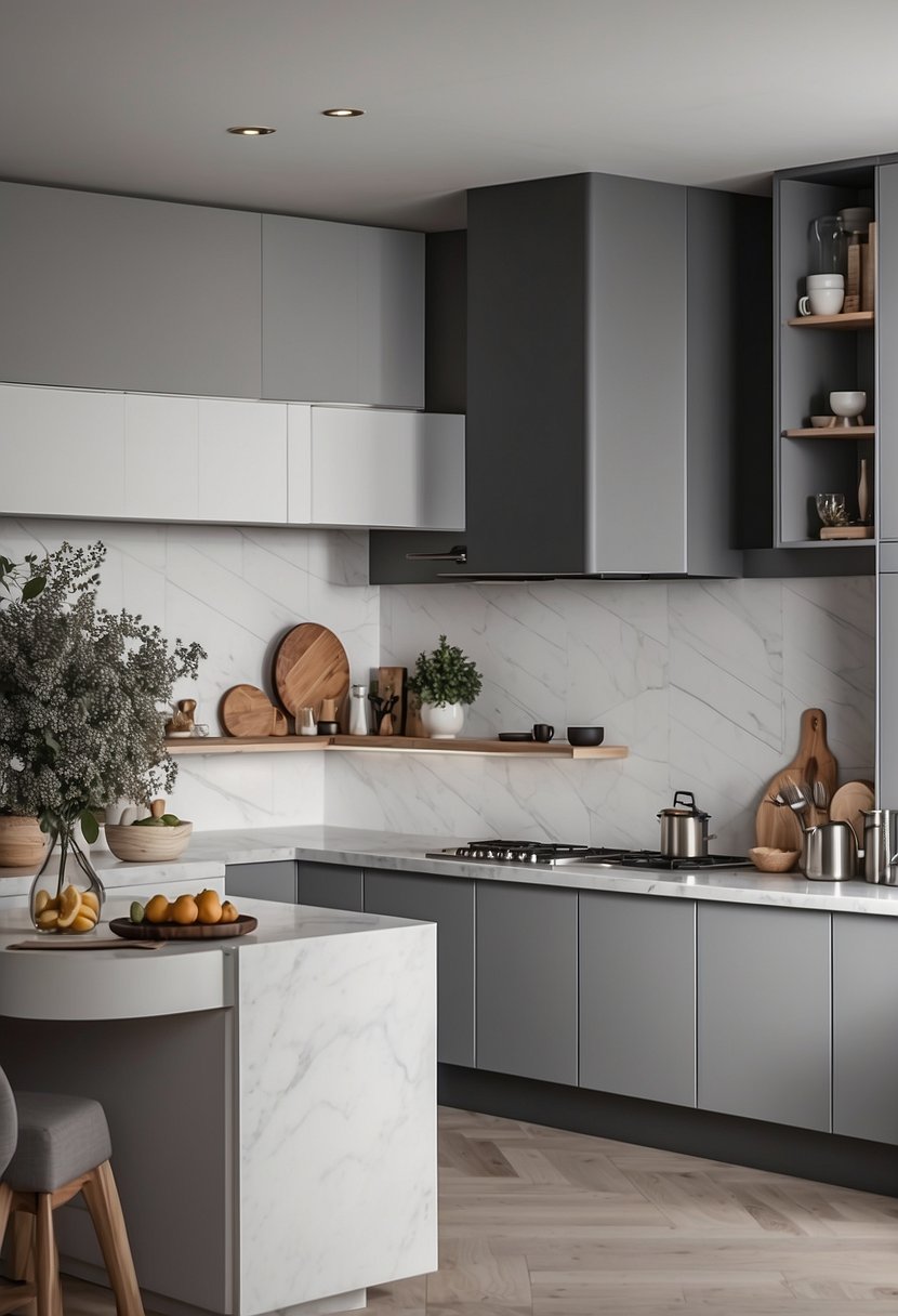 A modern kitchen with 35 sleek, light gray and white cabinets, creating a minimalist and elegant atmosphere