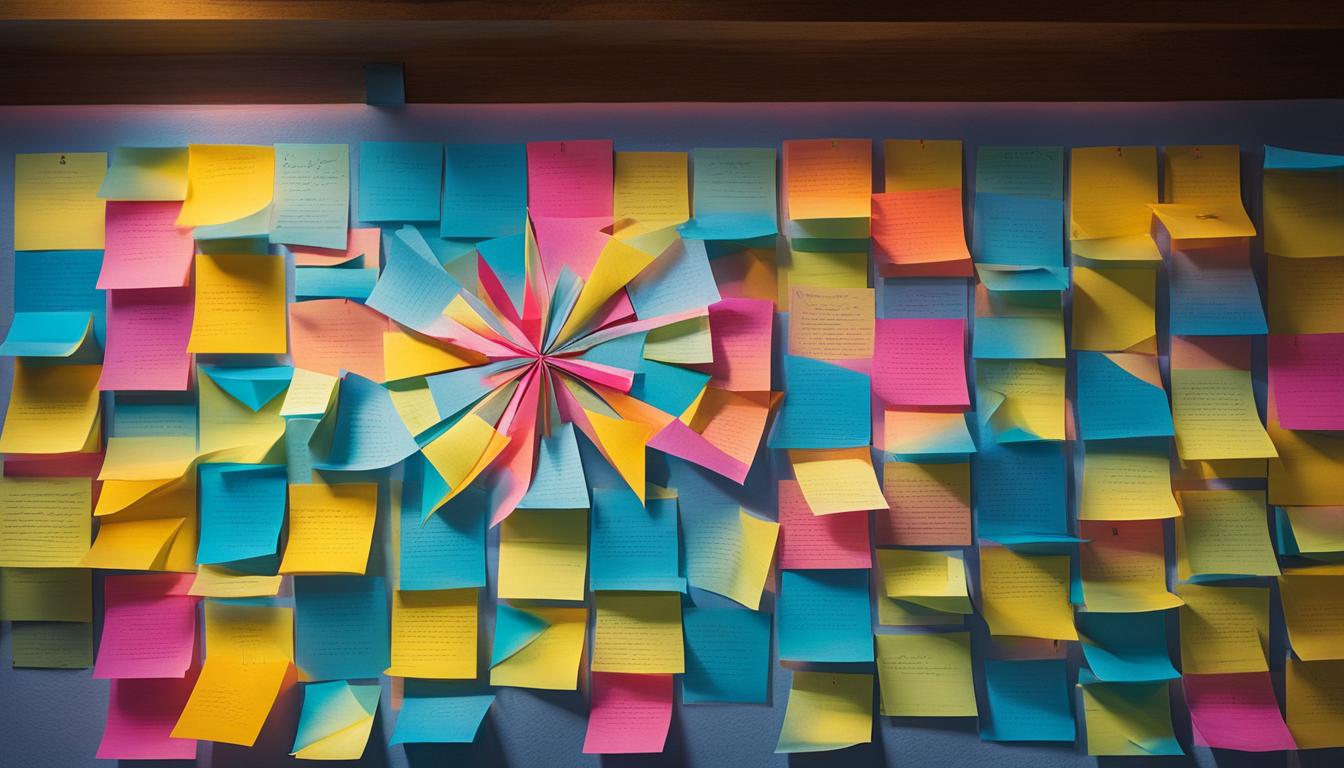 A board made up of different colored post-it notes, each containing a symbol or image that represents a positive affirmation or goal for dream manifestation. Rays of light emanate from the center of the board, providing a warm and uplifting glow. Some symbols include a blooming flower, a soaring bird, a rising sun, and a serene blue ocean. The colors are bright and vibrant, representing the energy and enthusiasm needed to manifest positivity in dreams.