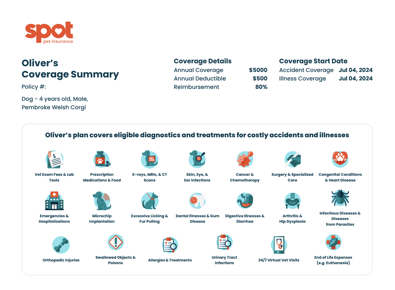 Screenshot of coverage for a 4-year-old male Corgi with an accident and illness plan from Spot. The plan shows $5k in annual coverage, $500 deductible and 80% reimbursement rate with a July 4, 2024 start date.