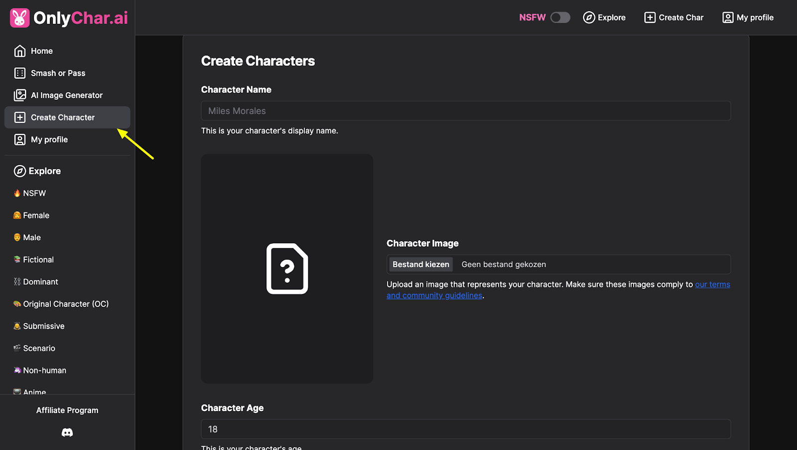 'Create Character' screen on OnlyChar AI