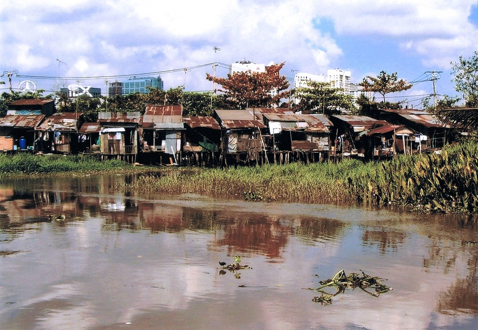 dirty and dried up pond in a village