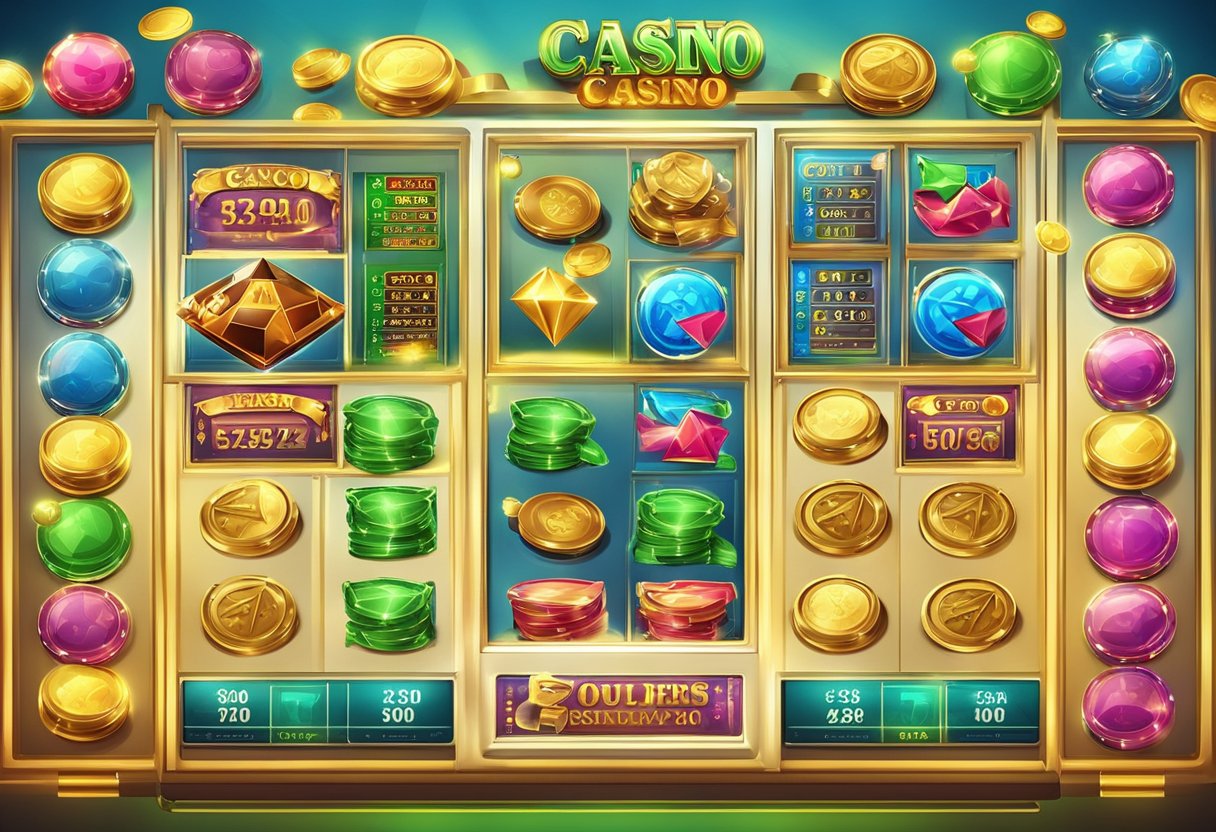 A colorful online casino interface with various games, bonus offers, and secure encryption symbols displayed prominently