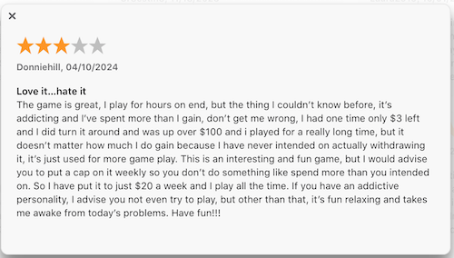 A 3-star Apple App Store review from a Cookie Cash user who enjoys the game but doesn't recommend it for anyone with "addictive personality" issues. 