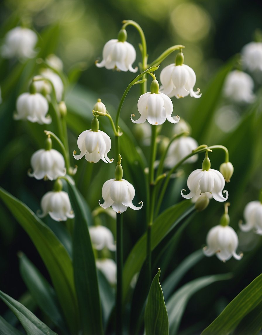 A lush garden filled with fragrant lilies of the valley, surrounded by other sweet-smelling plants. The delicate white flowers stand out against the vibrant green foliage