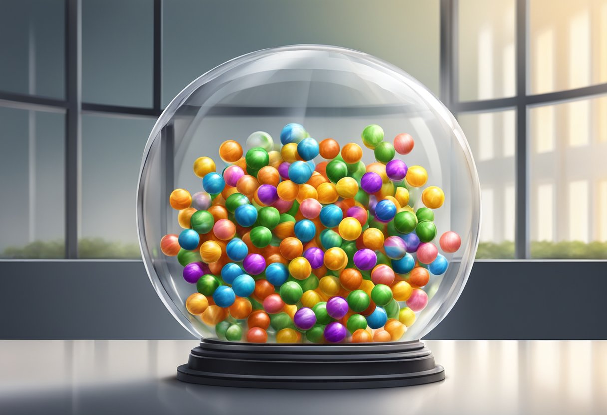 A colorful array of lottery balls spinning inside a glass chamber