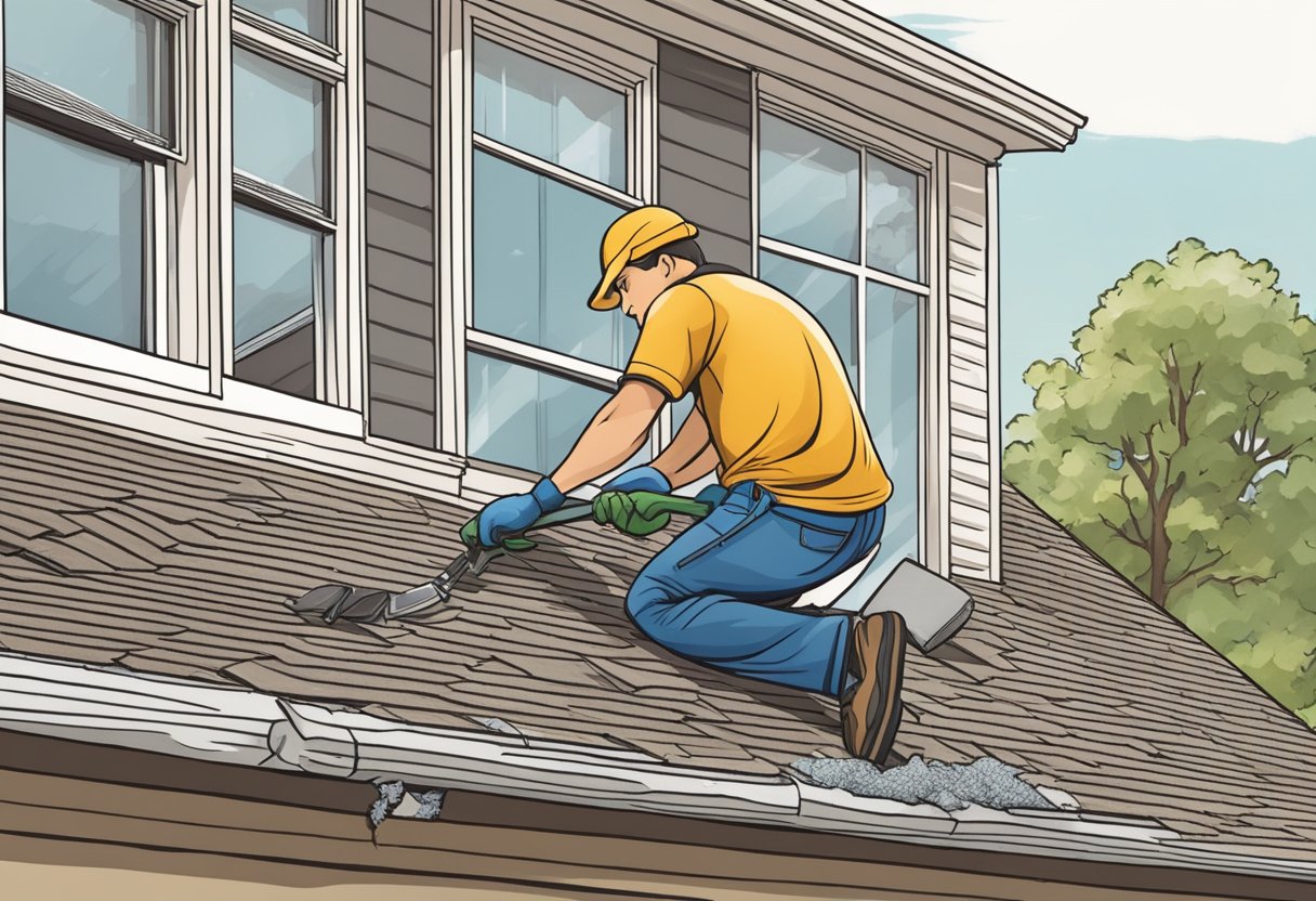 A roofer inspects and cleans gutters, removes debris, and checks for any damage on a suburban house in Sugar Land, TX