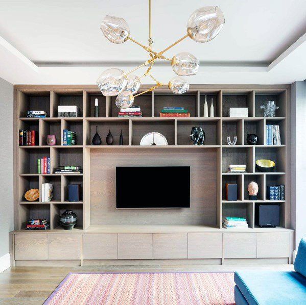 Wall-Mounted TV Unit with a Floating Cabinet and an Attached Bookshelf