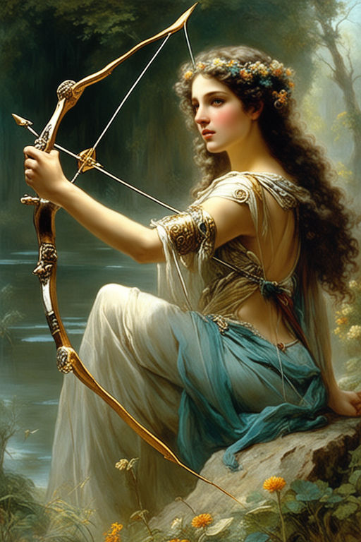 The image depicts a stunning lady adorned in a graceful dress, skillfully holding a bow and arrow, while perched atop a giant roc. Her luscious locks cascade past her shoulders in soft curls, with delicate flowers woven into her hair.