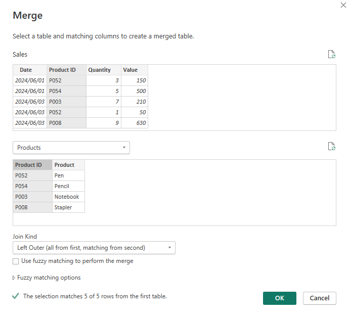 Power BI merge tables dialog