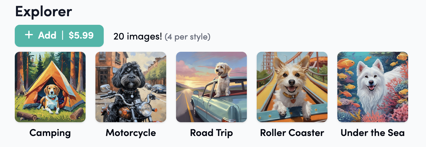 Sample images from five Explorer art styles for custom dog art on PugMug AI: camping, motorcycle, road trip, roller coaster, and under the sea