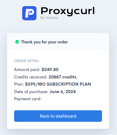 Payment completed for Proxycurl plan upgrade