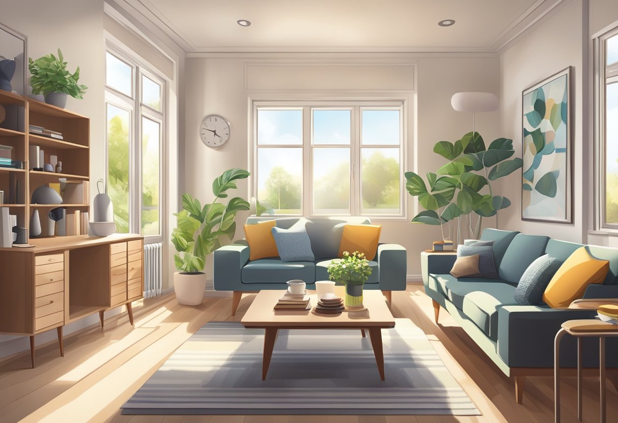 A tidy living room with neatly arranged furniture, vacuumed floors, and dust-free surfaces. Sunlight streams through the clean windows, highlighting the spotless environment