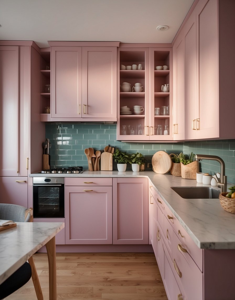 A kitchen with 41 colorful cabinets, each with rosy cheeks