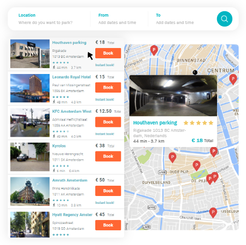 MobyPark’s parking list and map navigation feature.