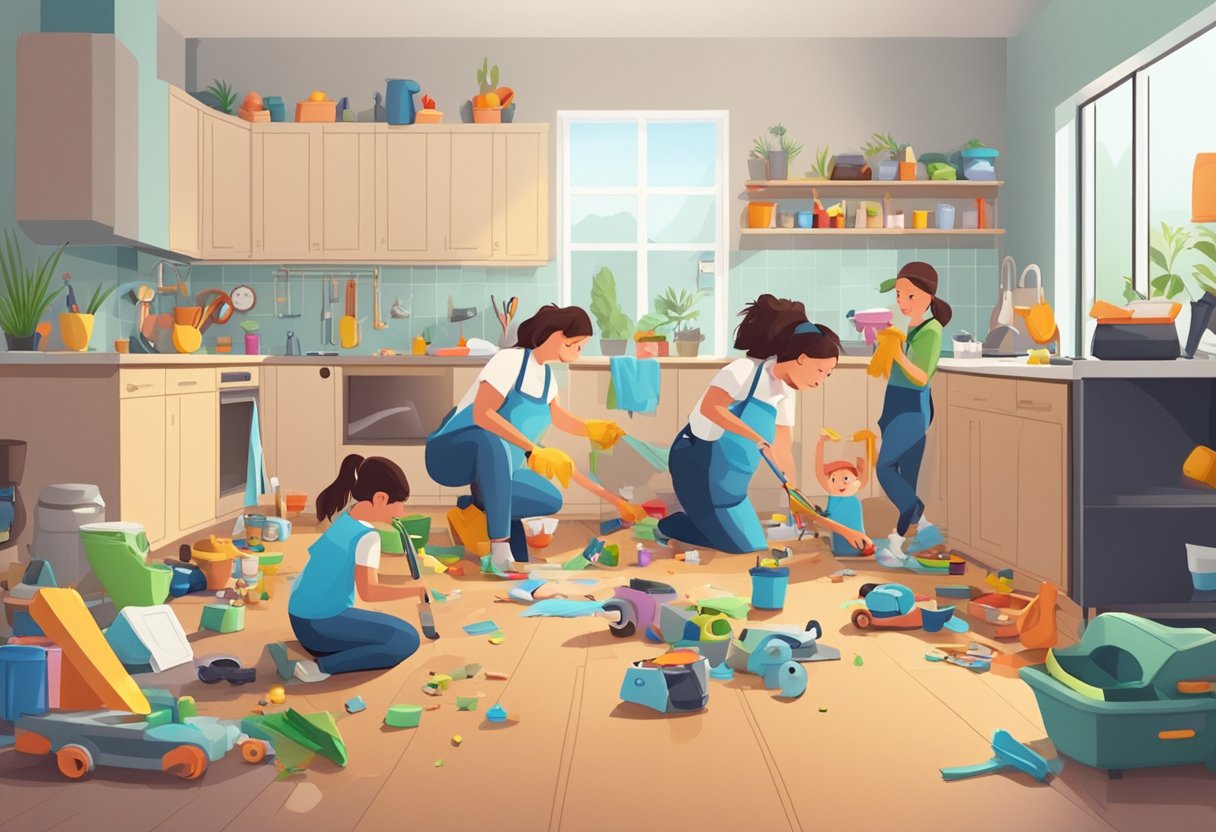 A cluttered living room with scattered toys and a messy kitchen. A cleaning service team efficiently tidying up, while a relieved mom tends to her children