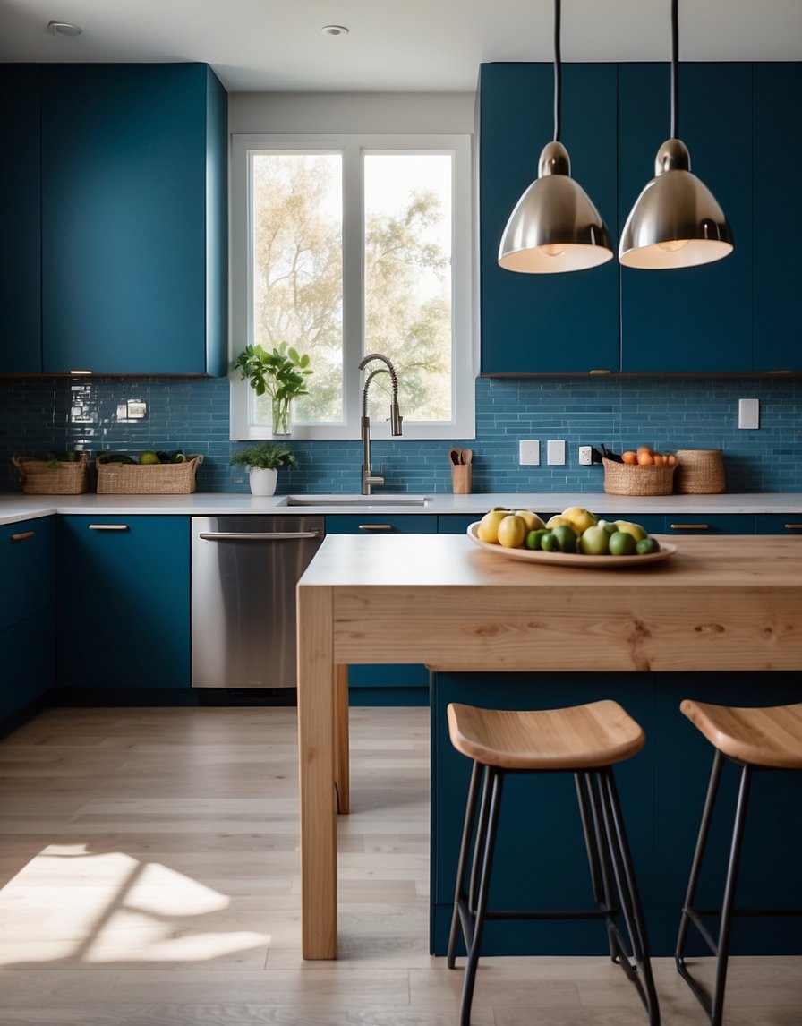 A modern kitchen with Ocean Blue cabinets, sleek countertops, and stainless steel appliances. Bright natural light floods the space, creating a fresh and inviting atmosphere