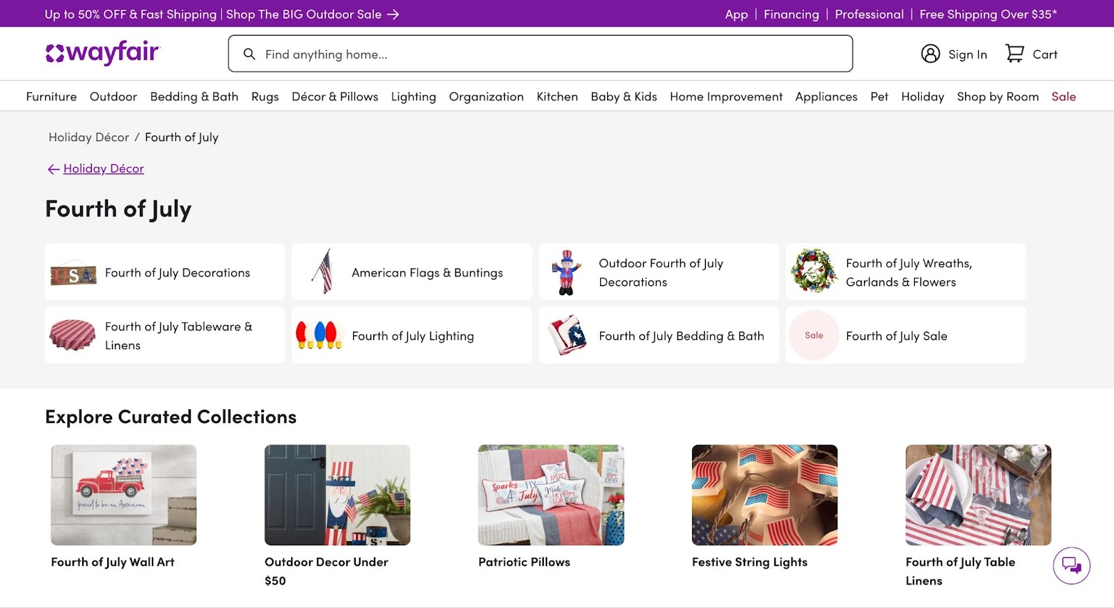 Wayfair's Fourth of July landing page
