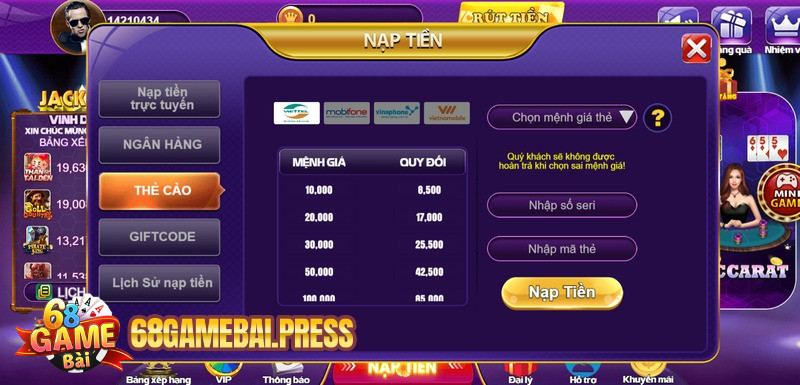 Thẻ cào điện thoại nạp tiền nhanh tại 68gamebai 