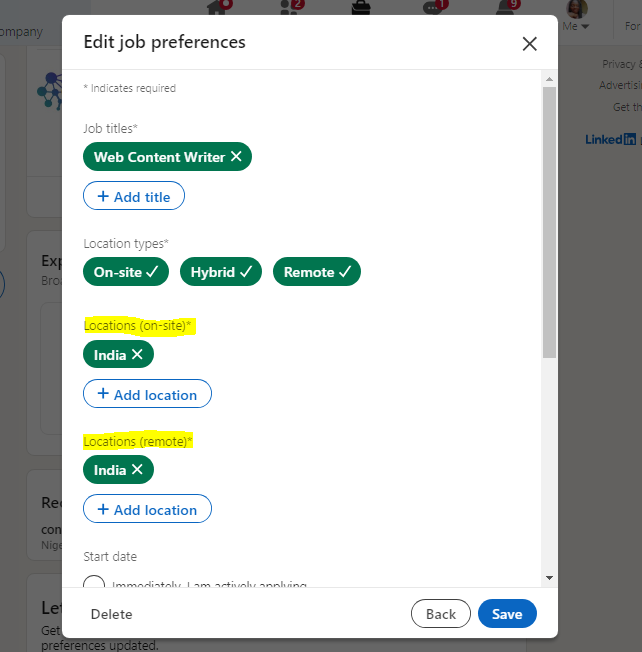 job preferences filter