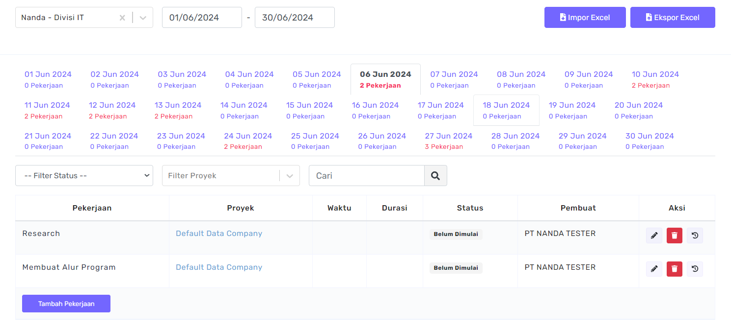 Tampilan Fitur Timesheet Impor Excel