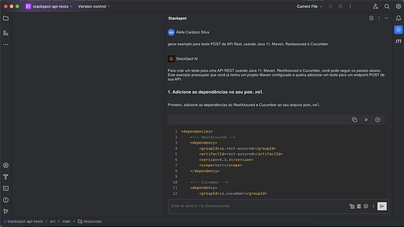 Imagem do artigo sobre Testes automatizados de API Rest com IDE IntelliJ com Plugin da StackSpot AI, onde na foto aberta temos a IDE, com chat para interação, fizemos a pergunta "gerar exemplo para teste POST de API Rest, usando Java 11, Maven, Rest Assured e Cucumber" tivemos resposta com exemplos de código para copiar ao projeto criado.