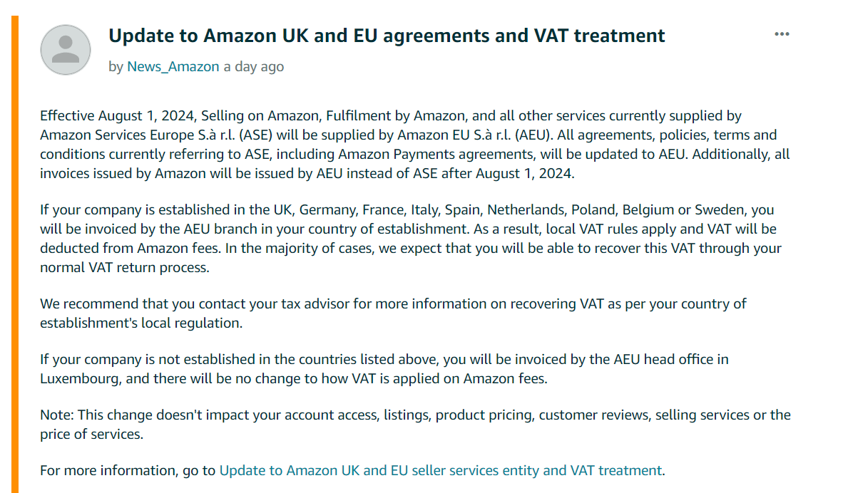 Screenshot of Amazon announcement