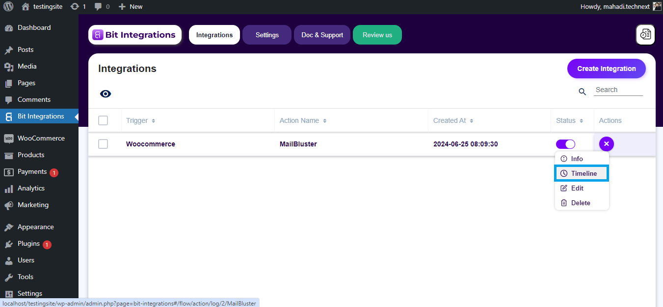 Integration timeline selection on bit integrations