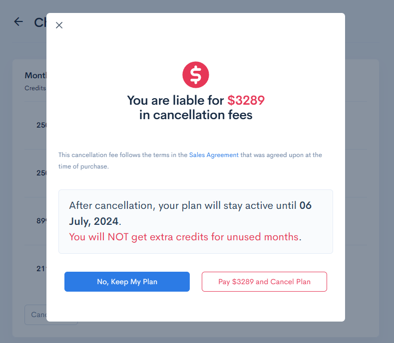 Pay for Proxycurl plan cancellation fees