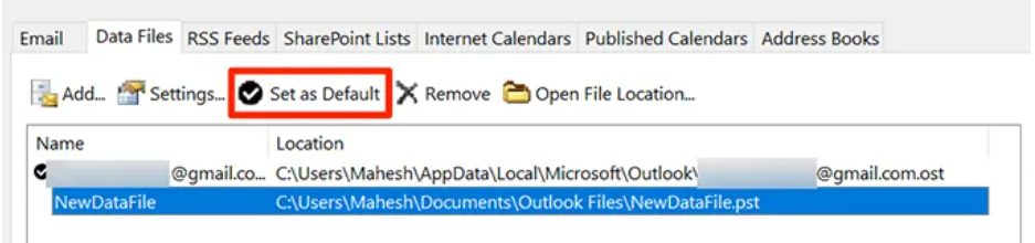 Instructions for removing data files in Outlook settings.