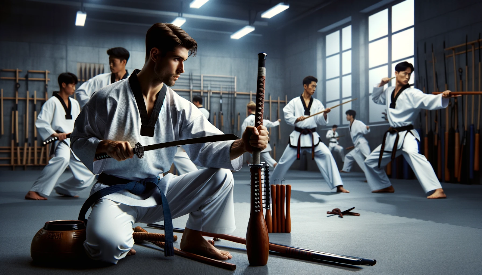 The scene features a Taekwondo practitioner in a dobok skillfully handling traditional weapons such as a bo staff, nunchaku, and Korean sword in a dojo. Other students practicing with various weapons can be seen in the background, creating a focused and intense atmosphere.