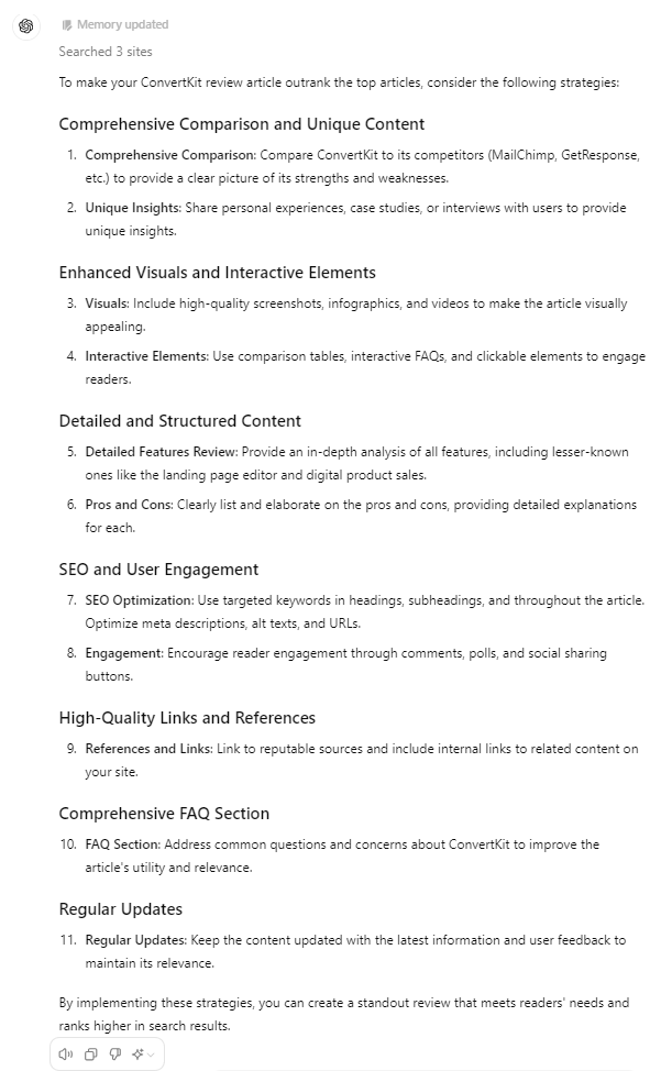 Result of ChatGPT prompt for doing content gap analysis of competitors