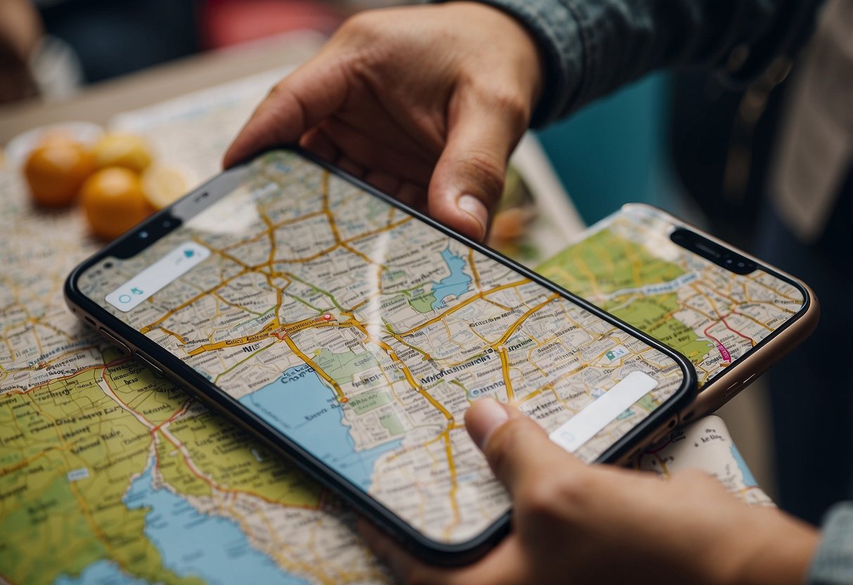 A person looking at a map on their phone, searching for a nearby market