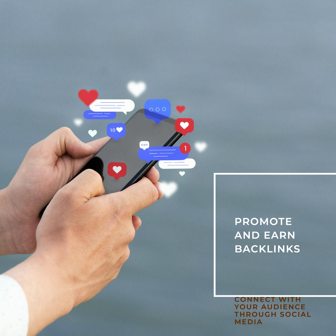 A hand holding a smartphone with social media engagement icons floating above it, emphasizing SEO Articles. Text reads ‘PROMOTE AND EARN BACKLINKS’ and ‘CONNECT WITH YOUR AUDIENCE THROUGH SOCIAL MEDIA.’” This image visually represents the importance of engaging with an audience through social media to enhance SEO Articles’ visibility and effectiveness in digital marketing strategies. 📱🔗📊