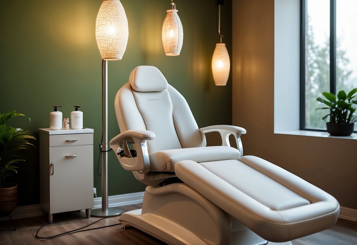 A serene spa room with soft lighting, a comfortable treatment chair, and a professional IPL photofacial machine ready for use