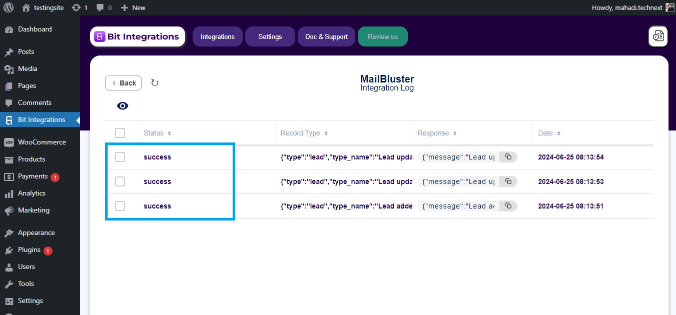 MailBluster integration log