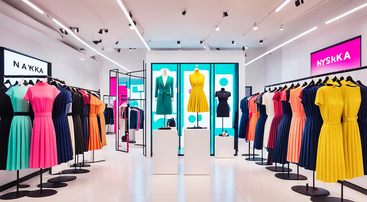 Create an image of a trendy fashion store with mannequins dressed in the latest styles. The store should have a chic and modern vibe, with sleek displays and bright lighting. Show customers browsing racks of clothes and trying on outfits in the fitting rooms. Use pops of bold colors throughout the image to make it feel lively and energetic. Make sure to prominently feature the Nykaa Fashion logo somewhere in the image.