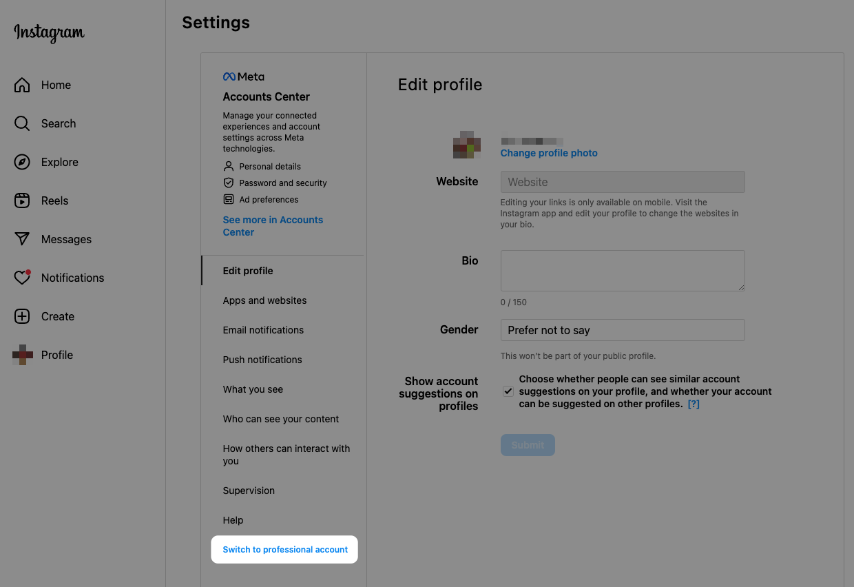 Screenshot of Instagram settings, with “Switch to professional account” highlighted