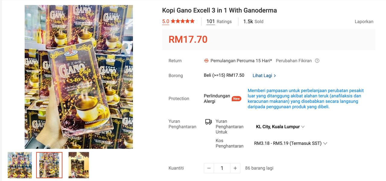 Hasil semakan di Shopee mendapati produk Gano Excel  Coffee paling murah boleh didapati dengan harga RM17.70 sekotak