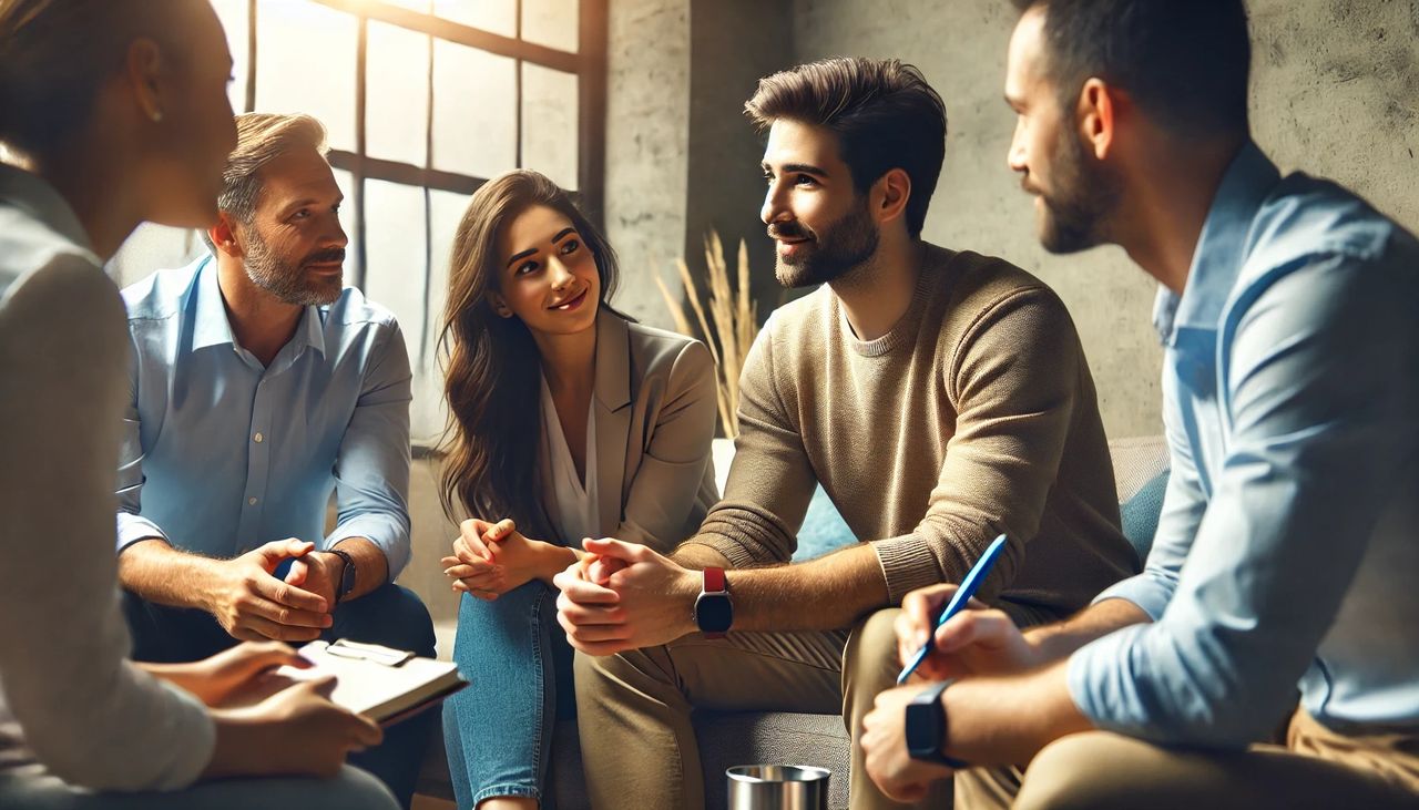 "Líder se envolvendo em uma discussão franca com os membros da equipe, enfatizando a importância da empatia, compreensão e inteligência emocional na liderança."