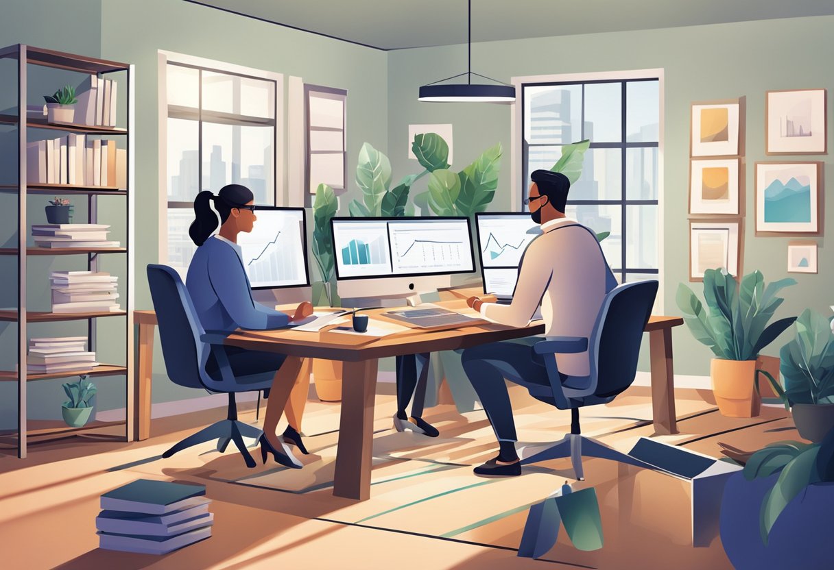 A team of sales professionals collaborate virtually, each in their own home office, connecting through digital platforms and sharing data and strategies