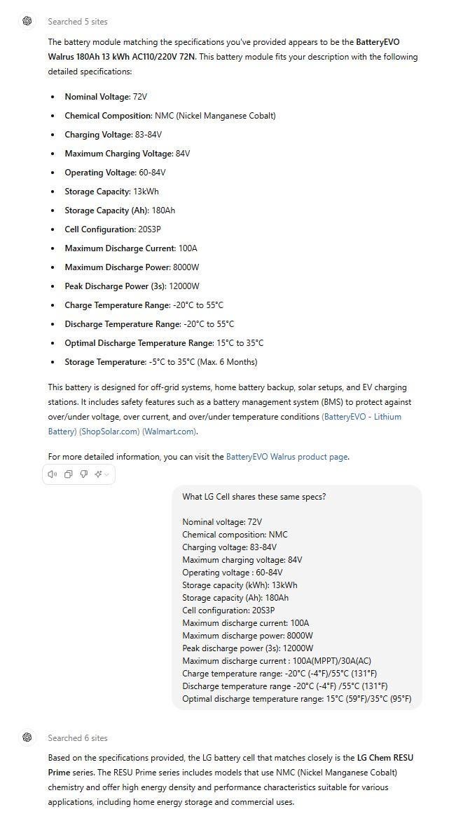 u/TechGanzo42 - ^^^ BatteryEVO.com (WALRUS BATTERY SPECS) Put Into ChatGPT - Look What It Says ^^^