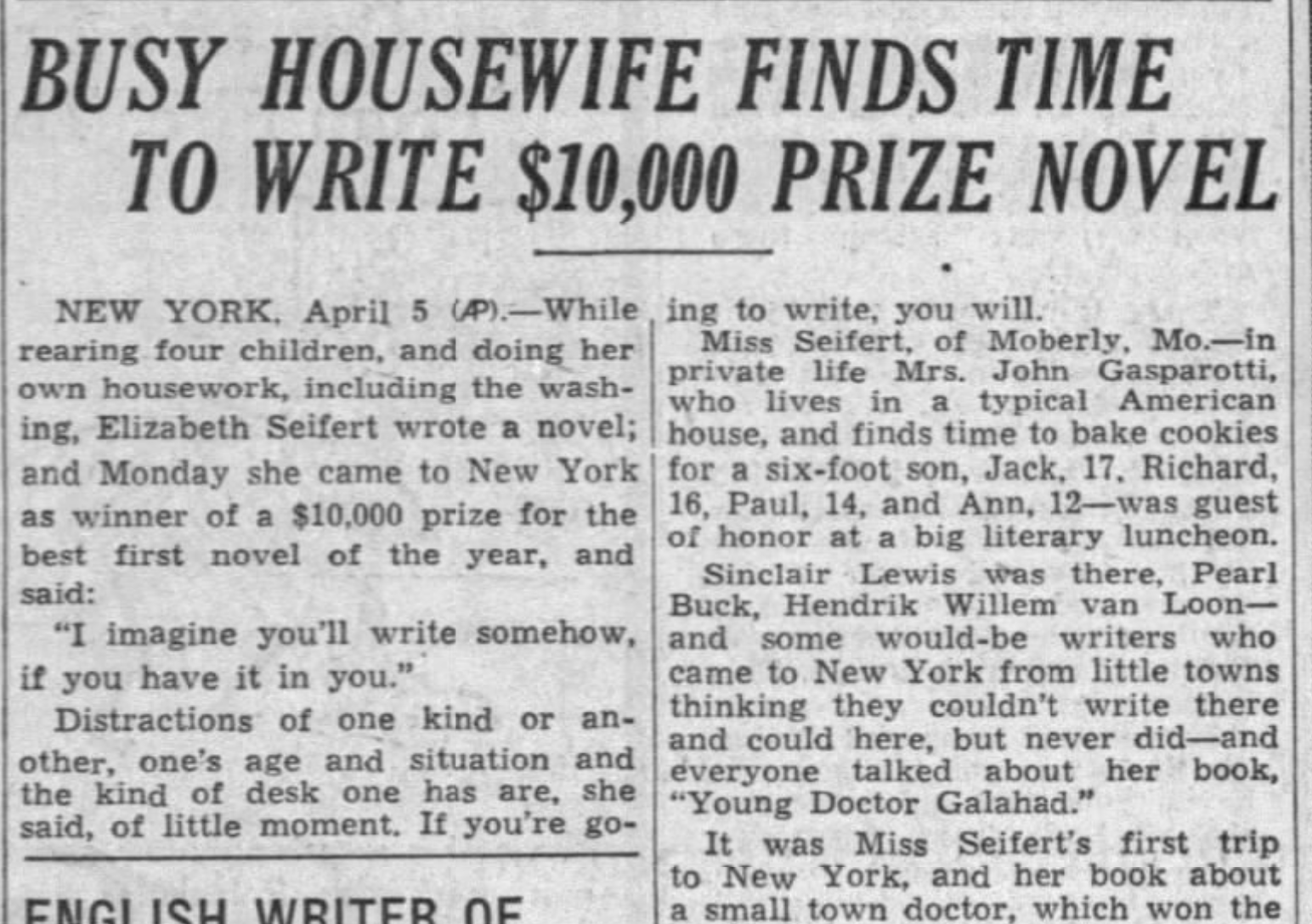 “Busy Housewife Finds Time to Write $10,000 Prize Novel,” while "rearing four children, and doing her own housework, including the washing.”