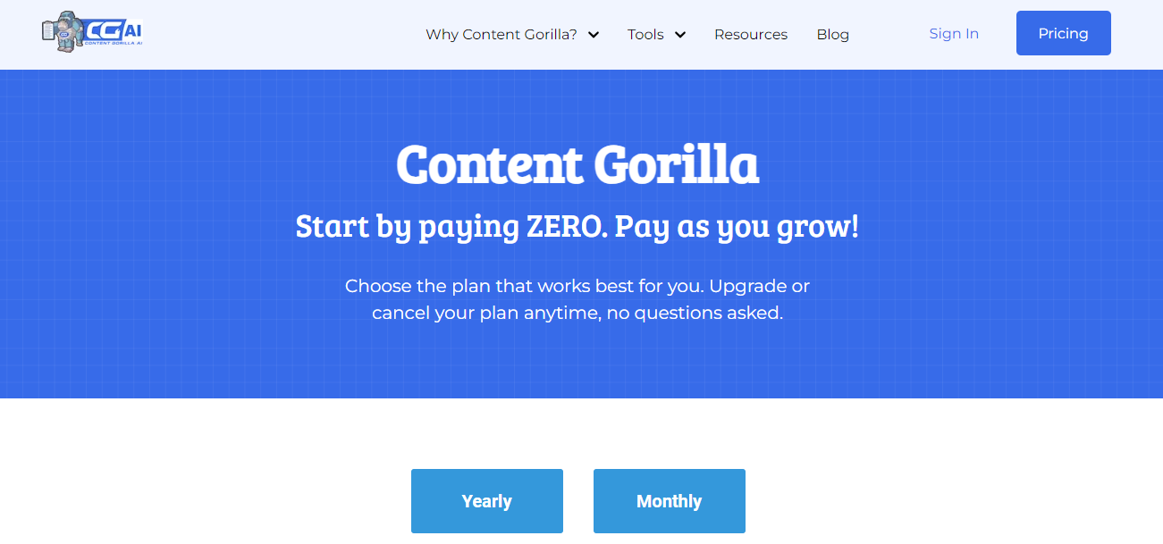 Sign up options for Content Gorilla