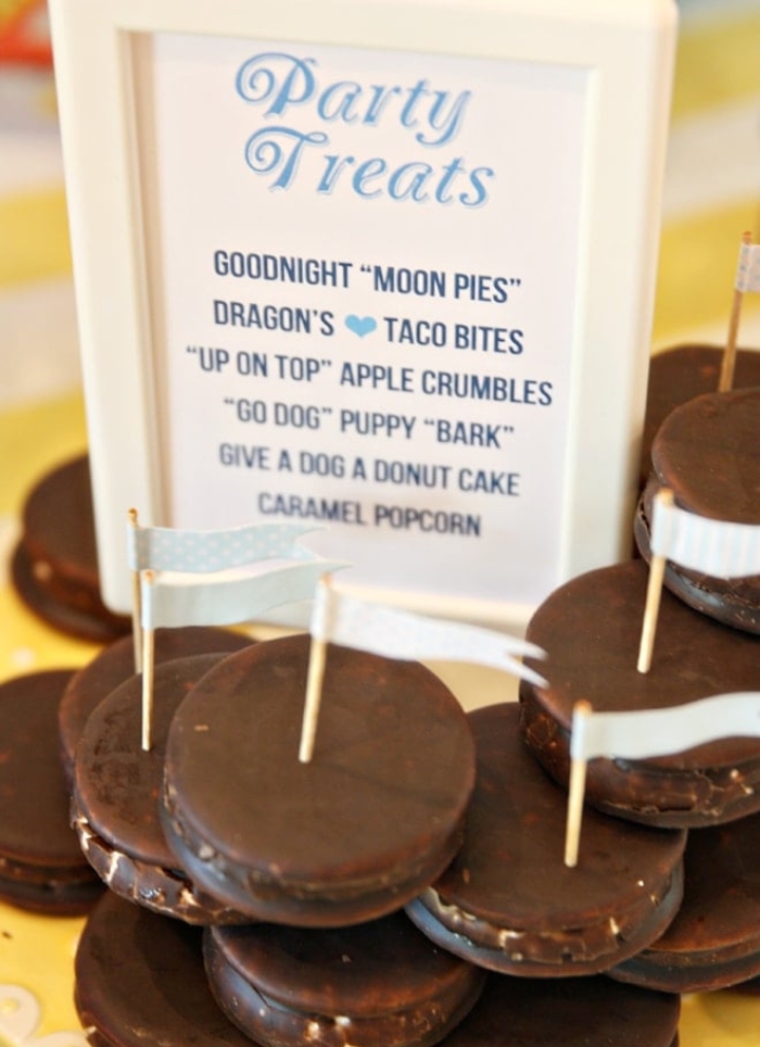 party treats sign over chocolate wagon wheels