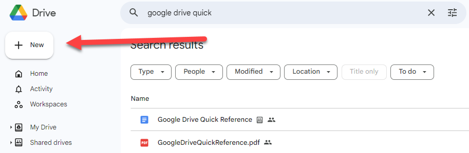 New button in Google drive where you go to create new files, folders, etc