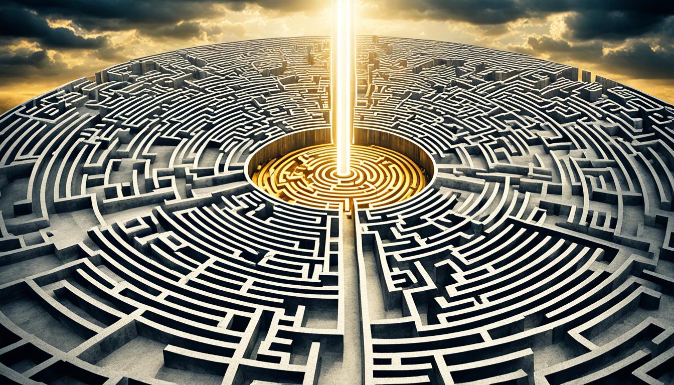 Create an image of a labyrinth with various paths leading to doors labeled with different wealth creation opportunities. The doors are made of gold and emit a bright light, signifying the potential for financial abundance. The labyrinth is surrounded by dark clouds, but a single beam of sunlight shines down on the center of the maze, symbolizing the power of taking inspired action to unlock opportunities for wealth creation.